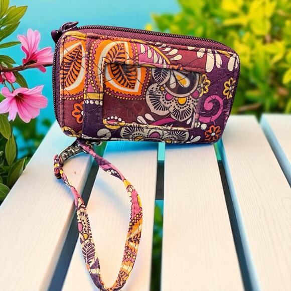 Vera Bradley Wristlet Safari Sunset Zip ID Coin Pockets Quilted Purple Orange - Picture 1 of 12